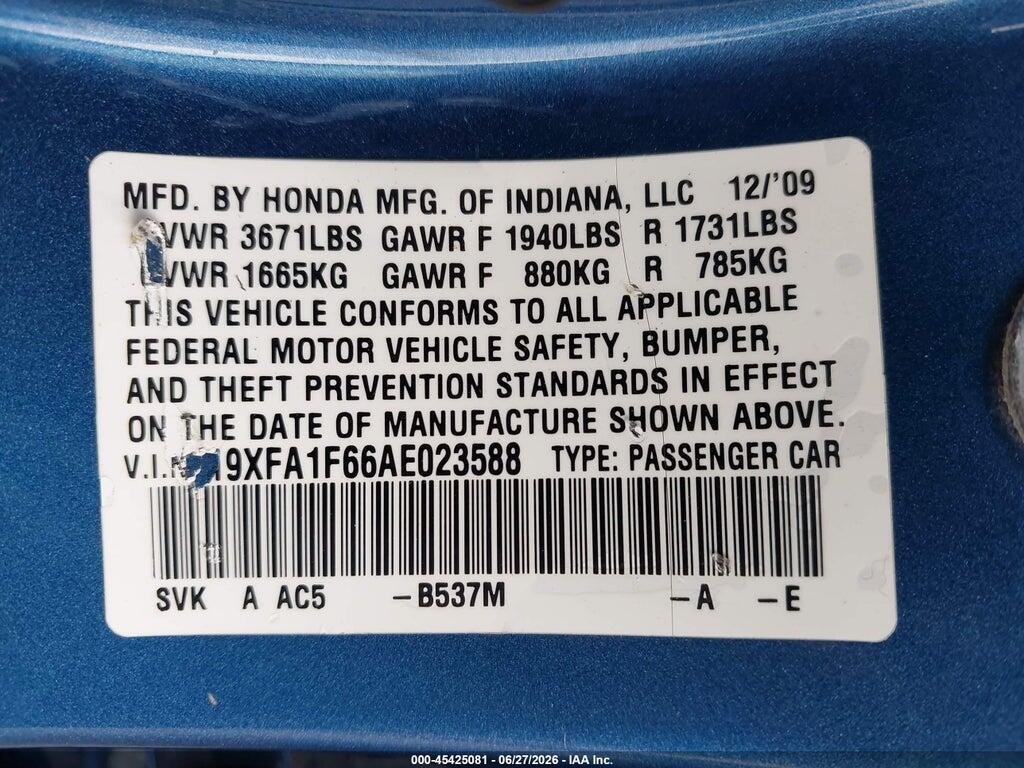 19XFA1F66AE023588 2010 HONDA CIVIC photo no. 9
