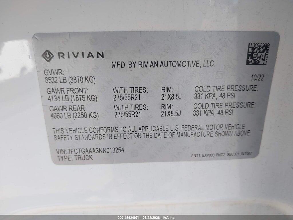 7FCTGAAA3NN013254 2022 RIVIAN R1T photo no. 9