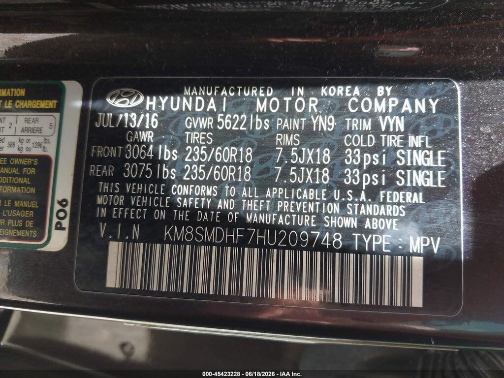 KM8SMDHF7HU209748 2017 HYUNDAI SANTA FE photo no. 9