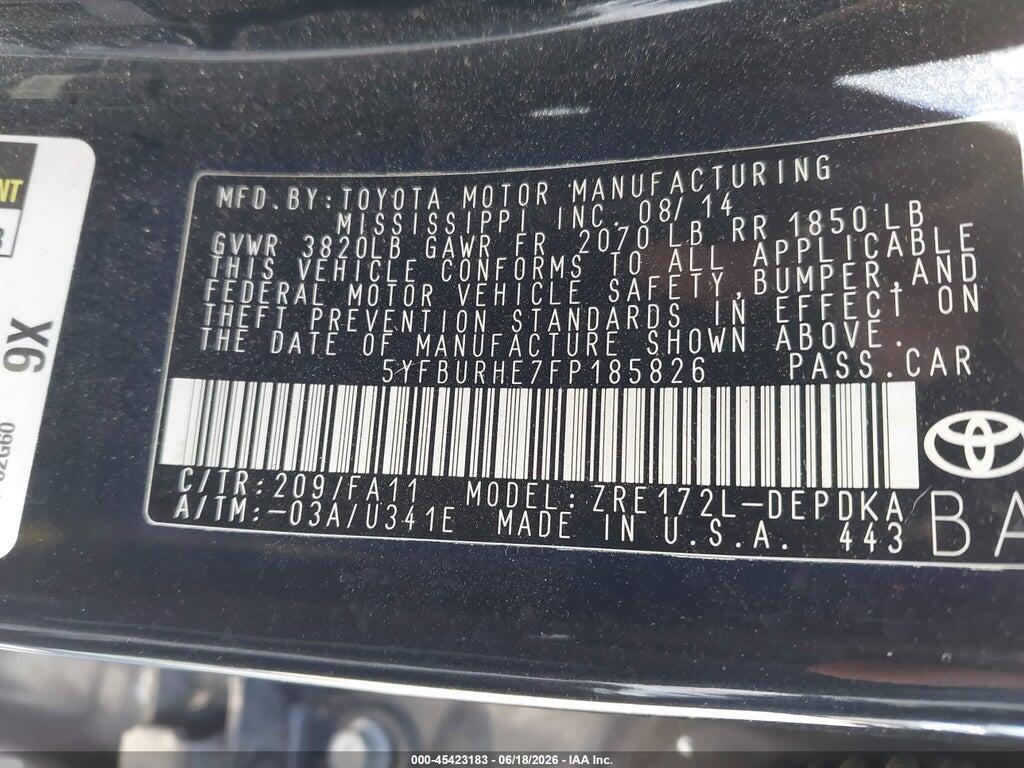 5YFBURHE7FP185826 2015 TOYOTA COROLLA photo no. 9