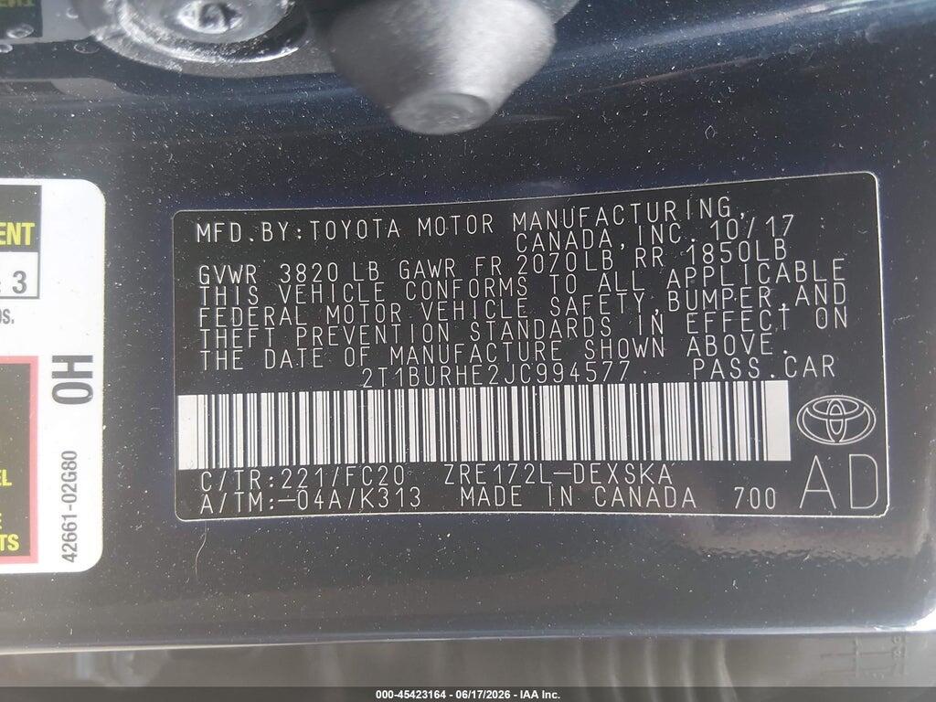 2T1BURHE2JC994577 2018 TOYOTA COROLLA photo no. 9