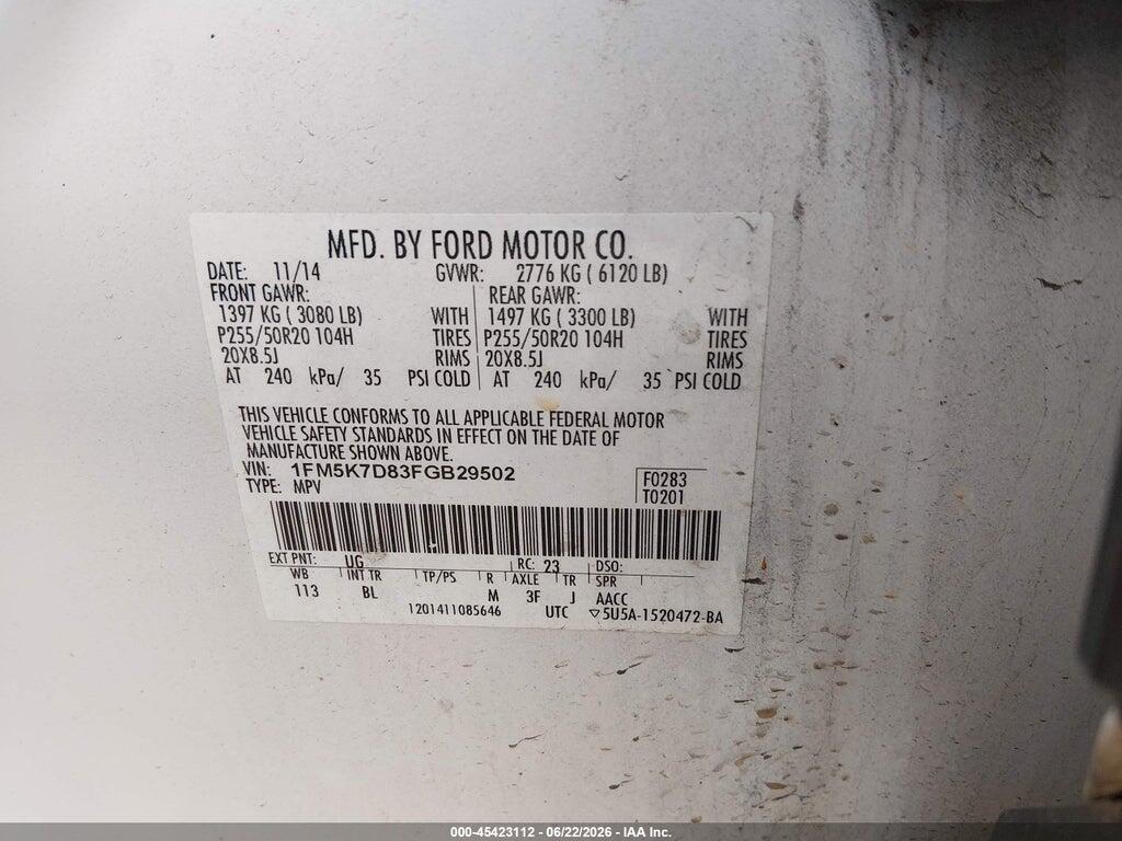 1FM5K7D83FGB29502 2015 FORD EXPLORER photo no. 9