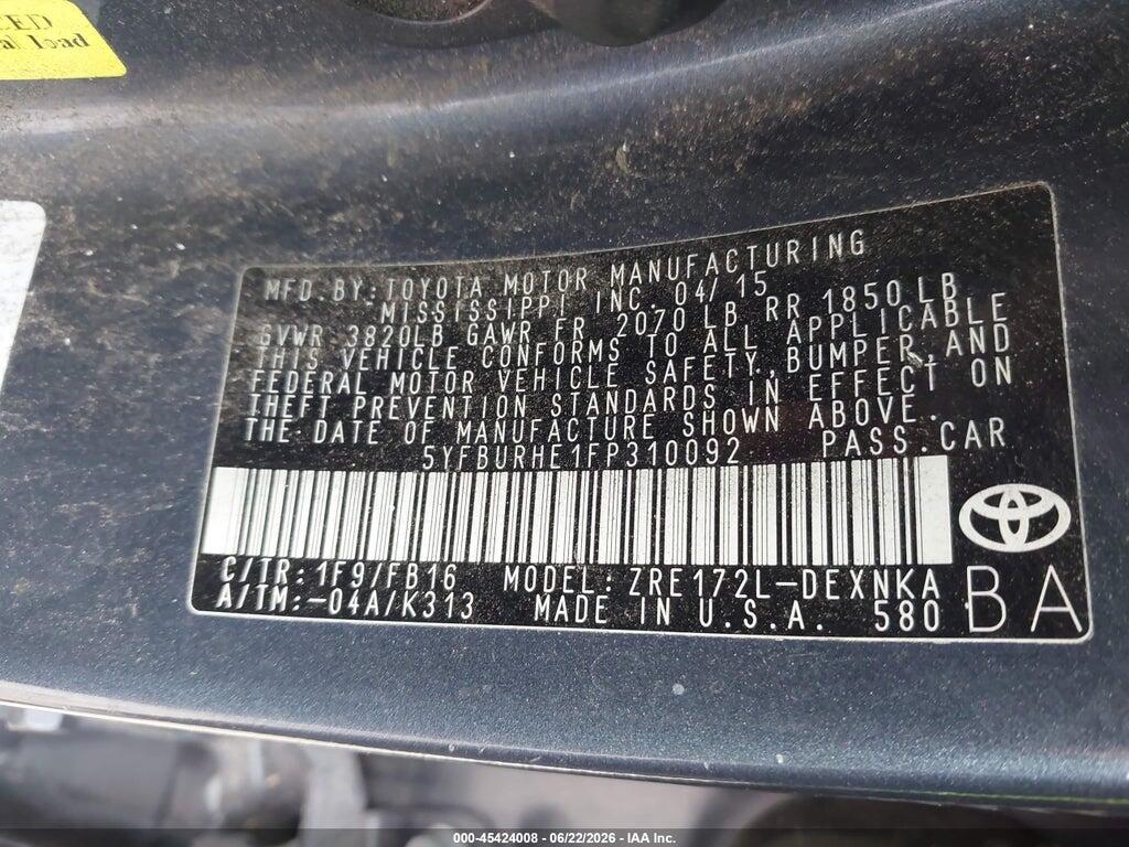 5YFBURHE1FP310092 2015 TOYOTA COROLLA photo no. 9