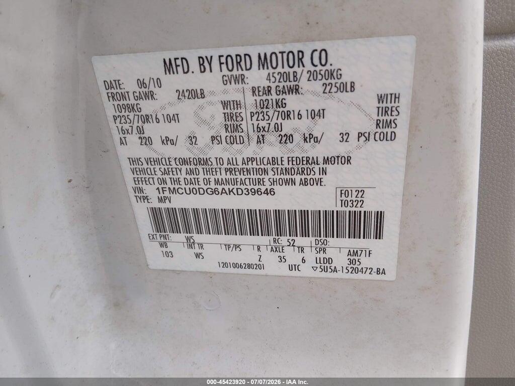 1FMCU0DG6AKD39646 2010 FORD ESCAPE photo no. 9