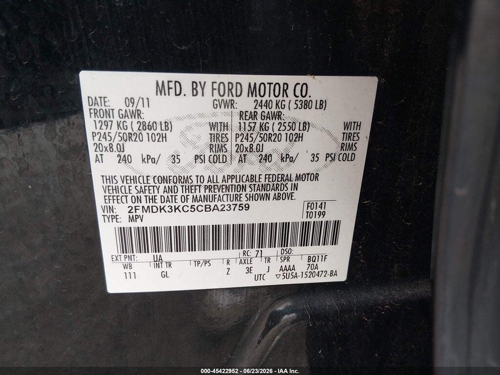 2FMDK3KC5CBA23759 2012 FORD EDGE photo no. 9