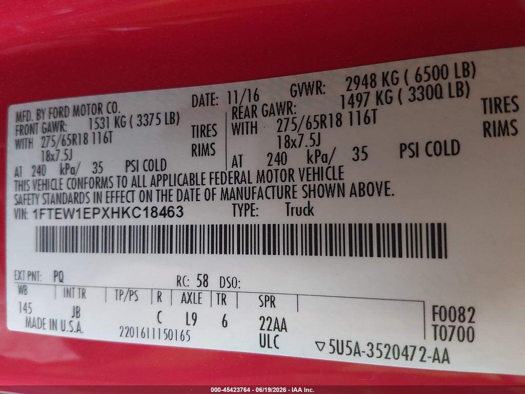 1FTEW1EPXHKC18463 2017 FORD F-150 photo no. 9