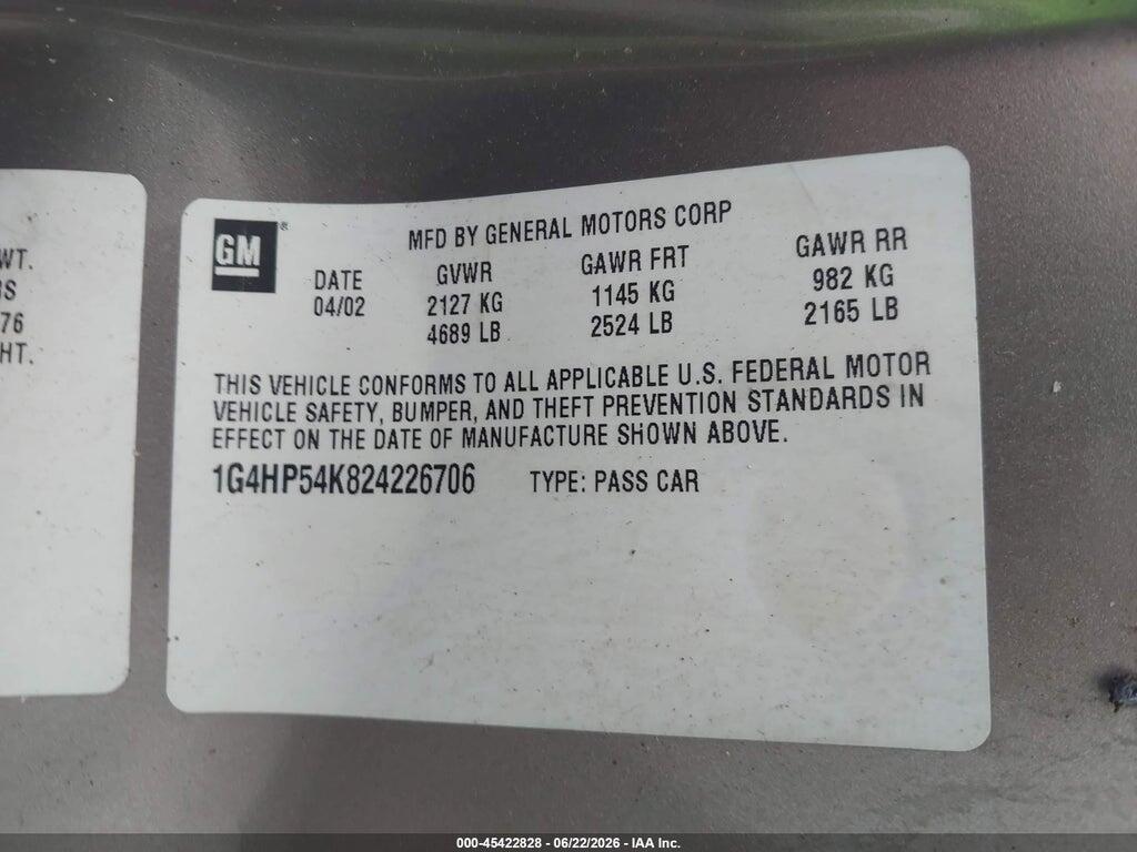 1G4HP54K824226706 2002 BUICK LESABRE photo no. 9