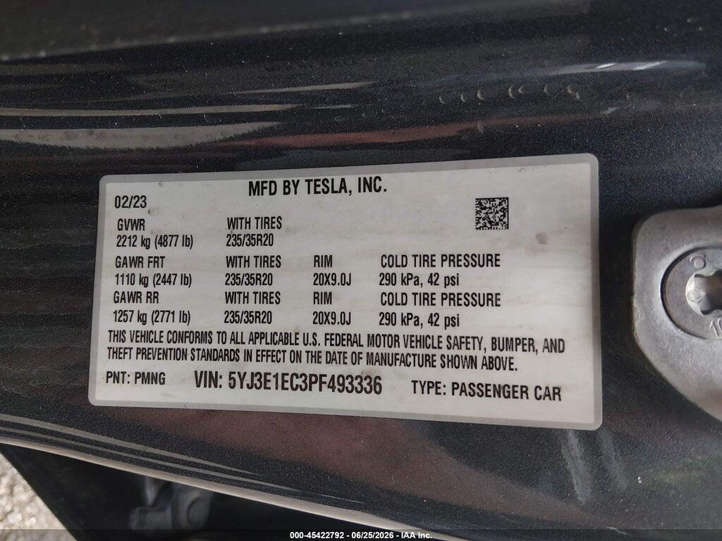 5YJ3E1EC3PF493336 2023 TESLA MODEL 3 photo no. 9