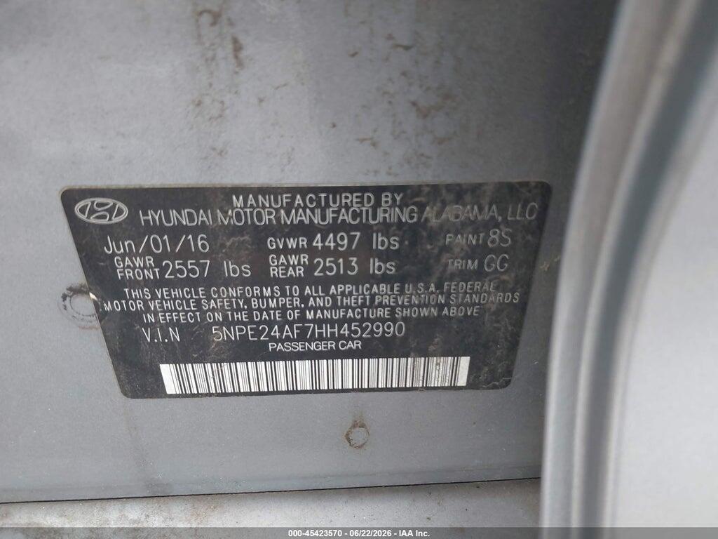 5NPE24AF7HH452990 2017 HYUNDAI SONATA photo no. 9