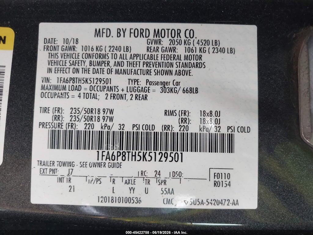 1FA6P8TH5K5129501 2019 FORD MUSTANG photo no. 9
