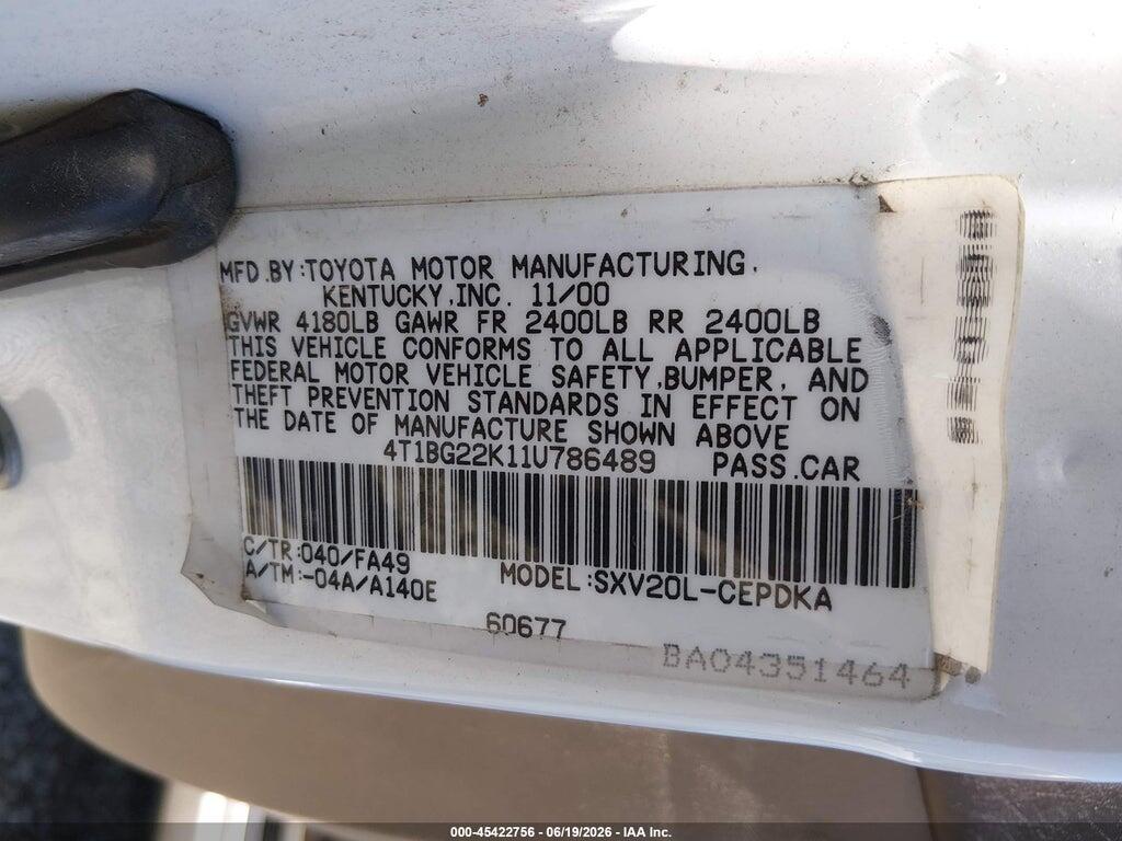 4T1BG22K11U786489 2001 TOYOTA CAMRY photo no. 9