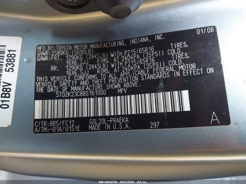 5TDZK23C88S161000 2008 TOYOTA SIENNA photo no. 9