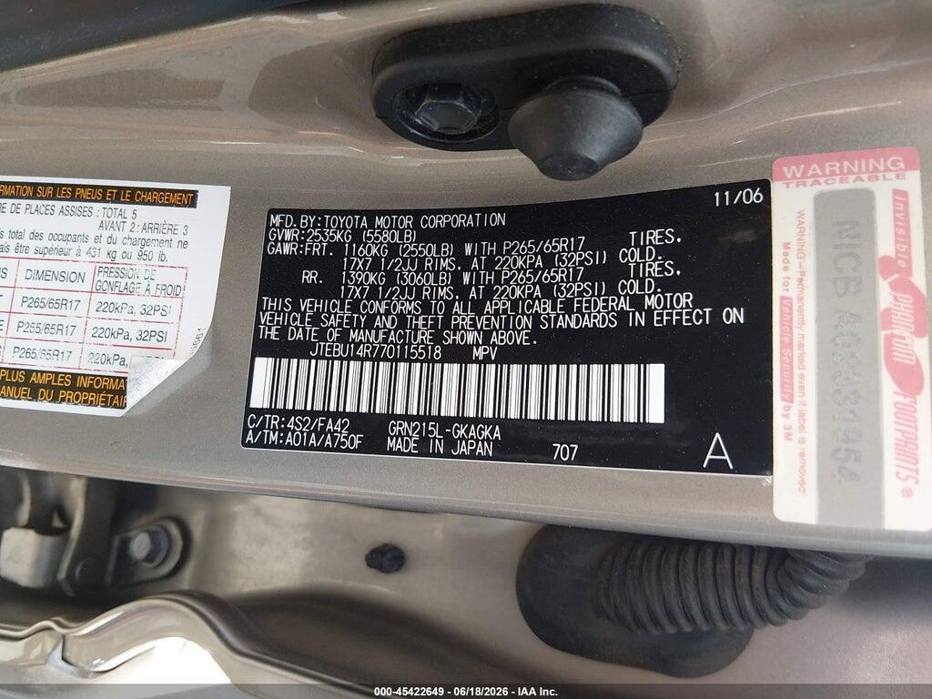 JTEBU14R770115518 2007 TOYOTA 4RUNNER photo no. 9
