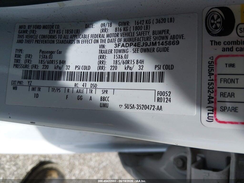 3FADP4EJ9JM145869 2018 FORD FIESTA photo no. 9