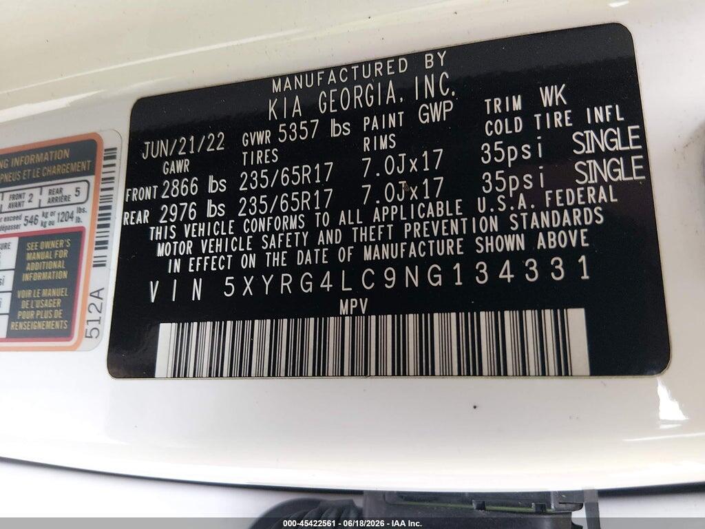 5XYRG4LC9NG134331 2022 KIA SORENTO photo no. 9