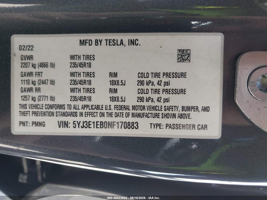 5YJ3E1EB0NF170883 2022 TESLA MODEL 3 photo no. 9