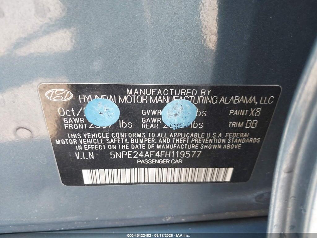 5NPE24AF4FH119577 2015 HYUNDAI SONATA photo no. 9