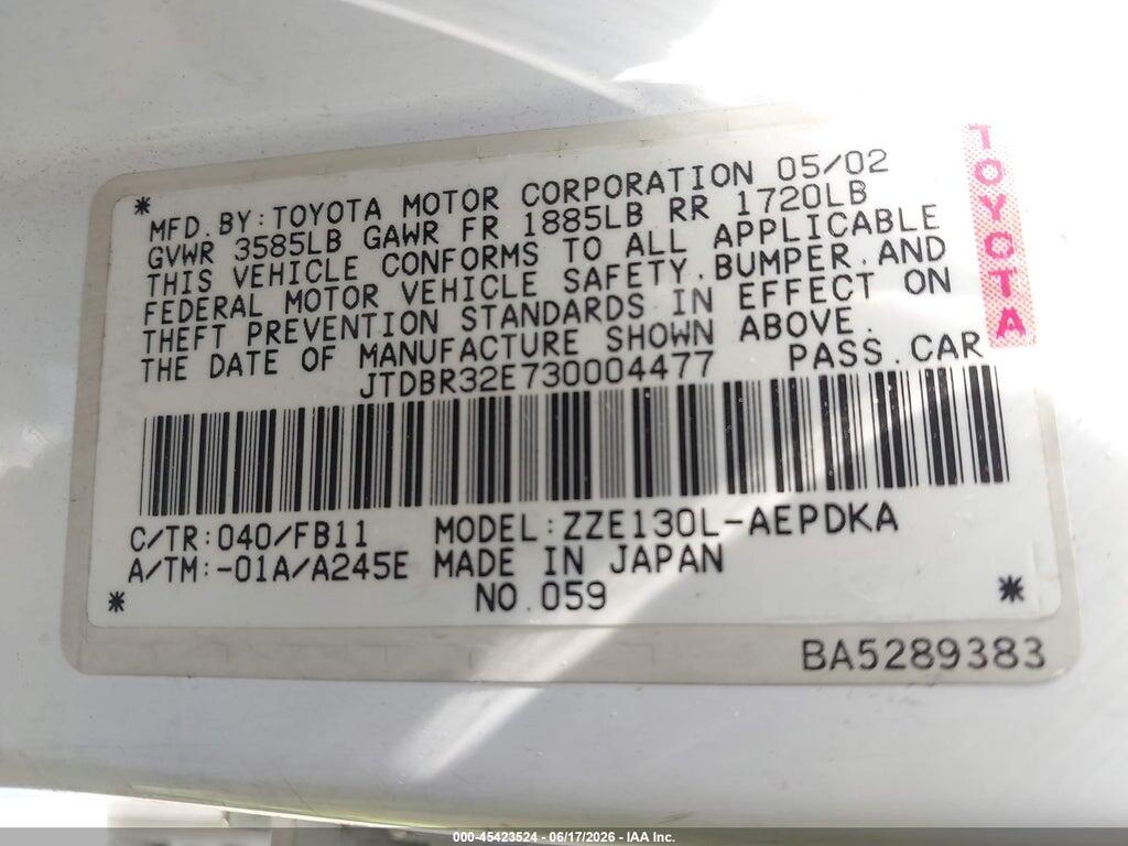 JTDBR32E730004477 2003 TOYOTA COROLLA photo no. 9