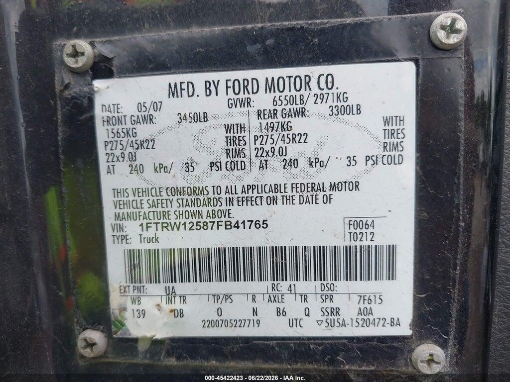 1FTRW12587FB41765 2007 FORD F-150 photo no. 9