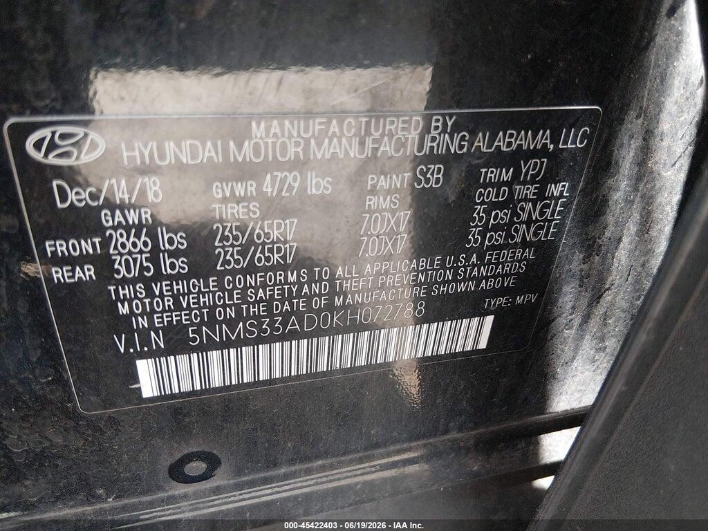5NMS33AD0KH072788 2019 HYUNDAI SANTA FE photo no. 9
