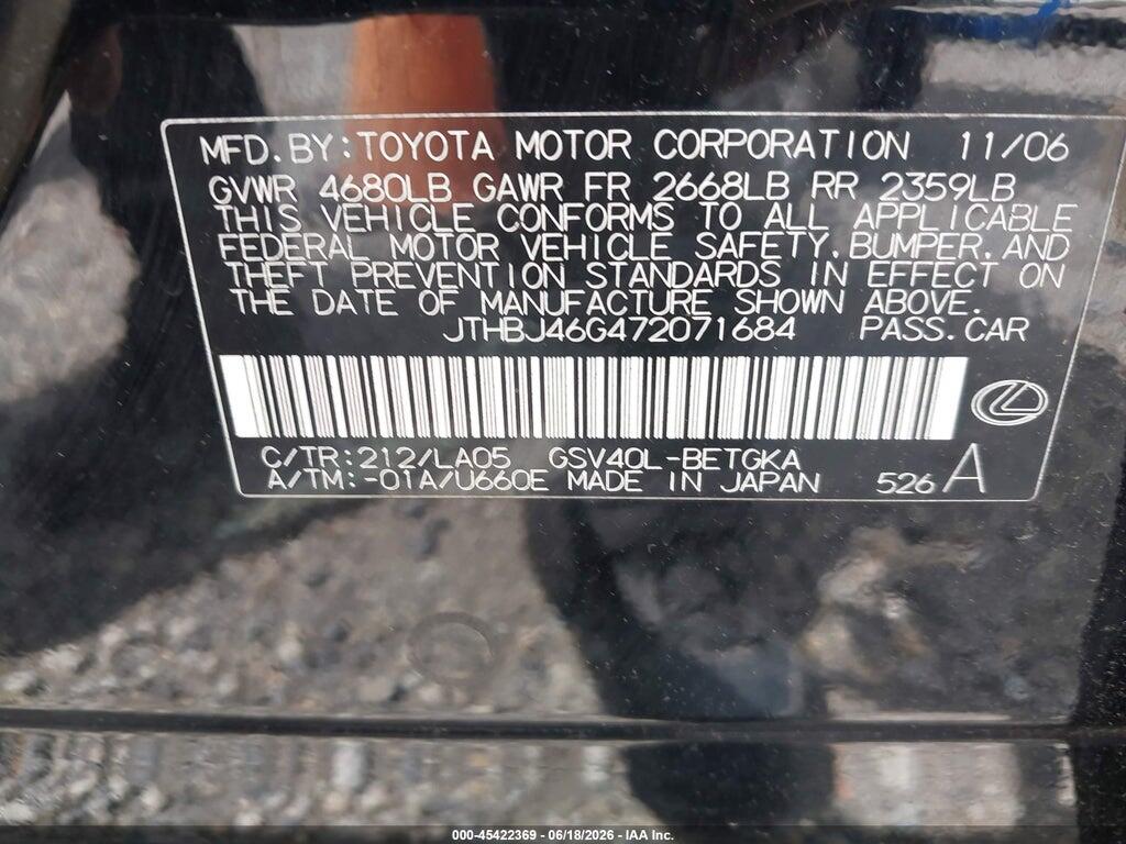 JTHBJ46G472071684 2007 LEXUS ES 350 photo no. 9