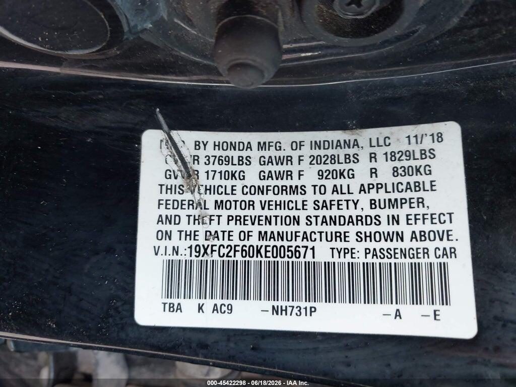 19XFC2F60KE005671 2019 HONDA CIVIC photo no. 9