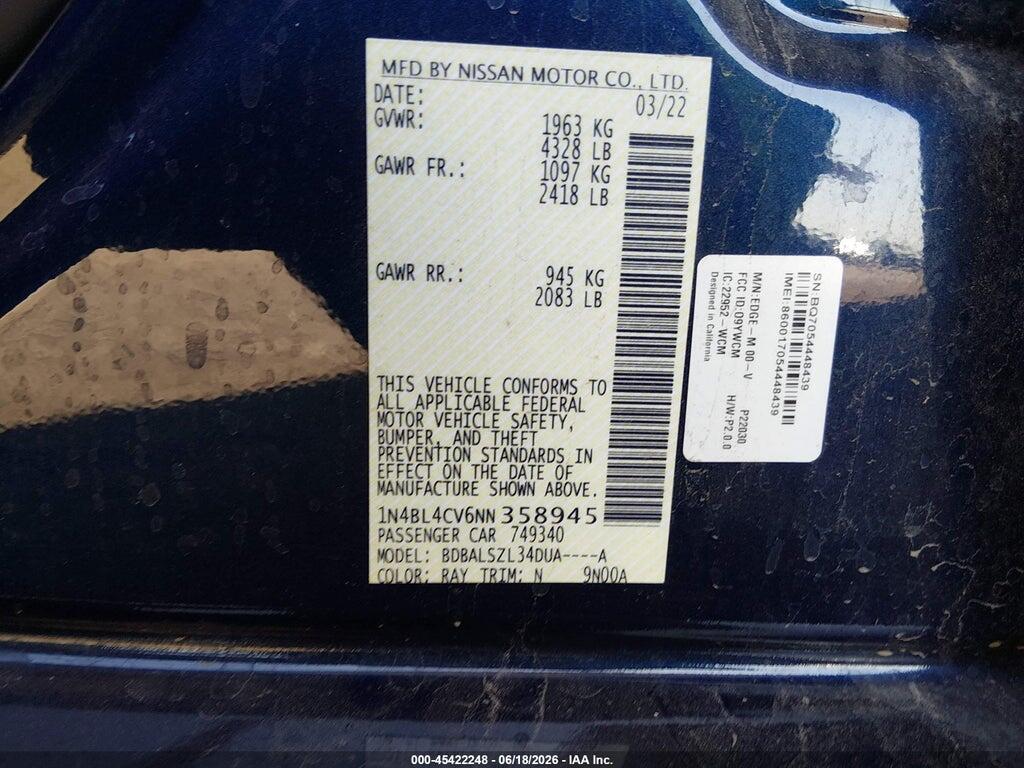 1N4BL4CV6NN358945 2022 NISSAN ALTIMA photo no. 9