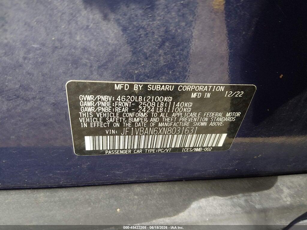 JF1VBAN6XN8031631 2022 SUBARU WRX photo no. 9