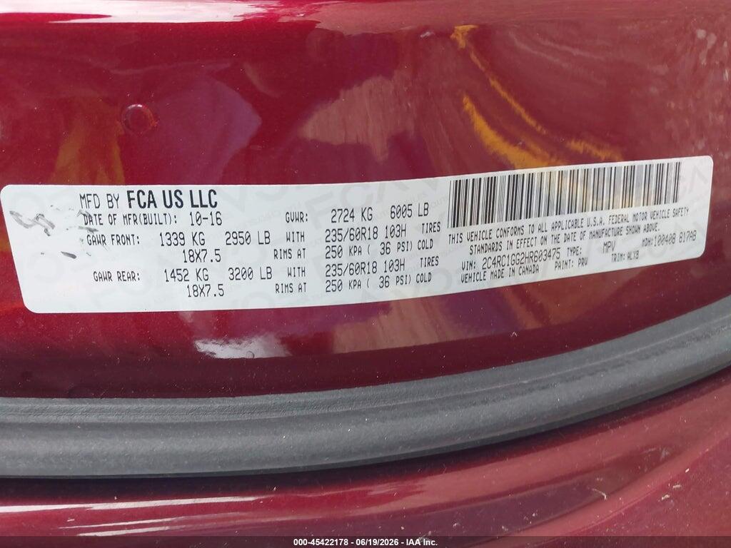 2C4RC1GG2HR603475 2017 CHRYSLER PACIFICA photo no. 9