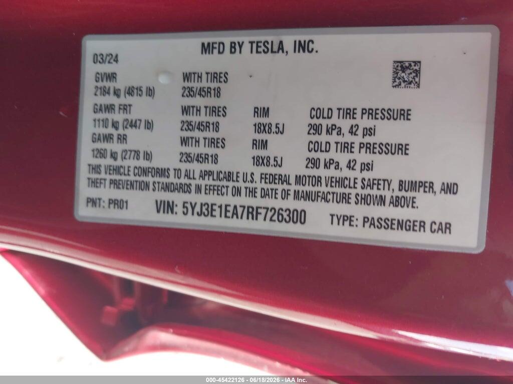 5YJ3E1EA7RF726300 2024 TESLA MODEL 3 photo no. 9