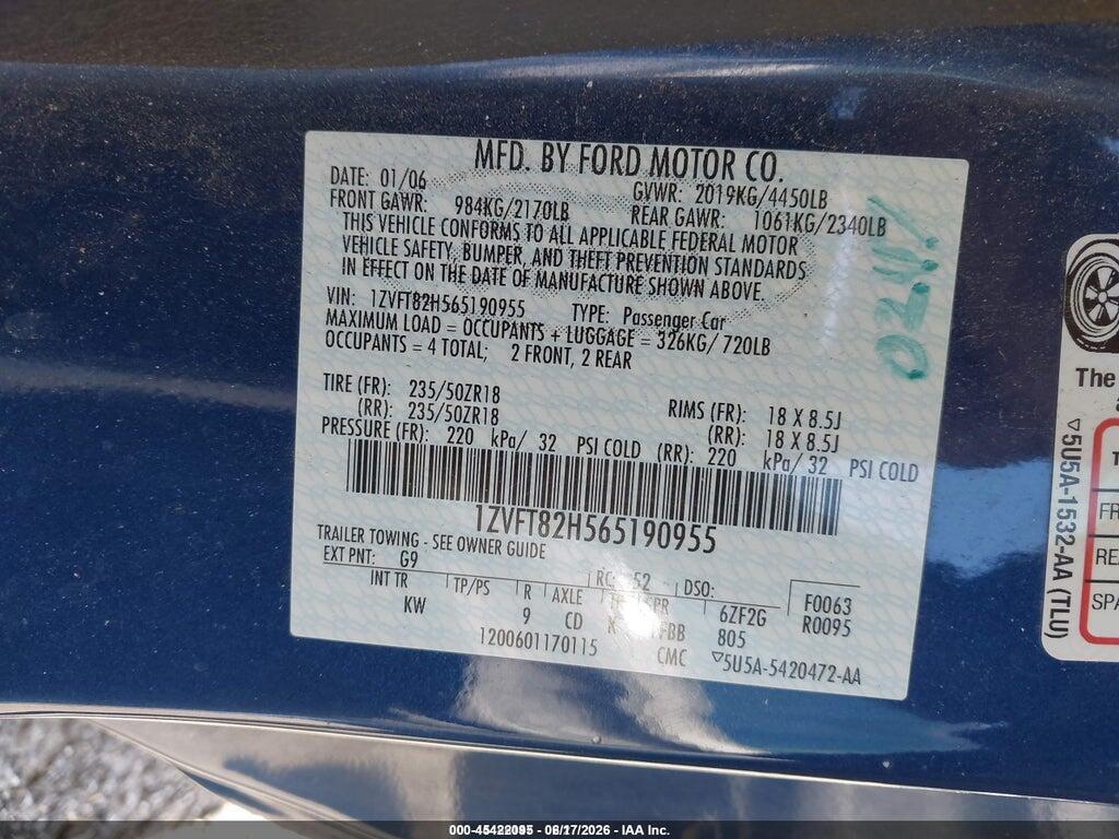 1ZVFT82H565190955 2006 FORD MUSTANG photo no. 9