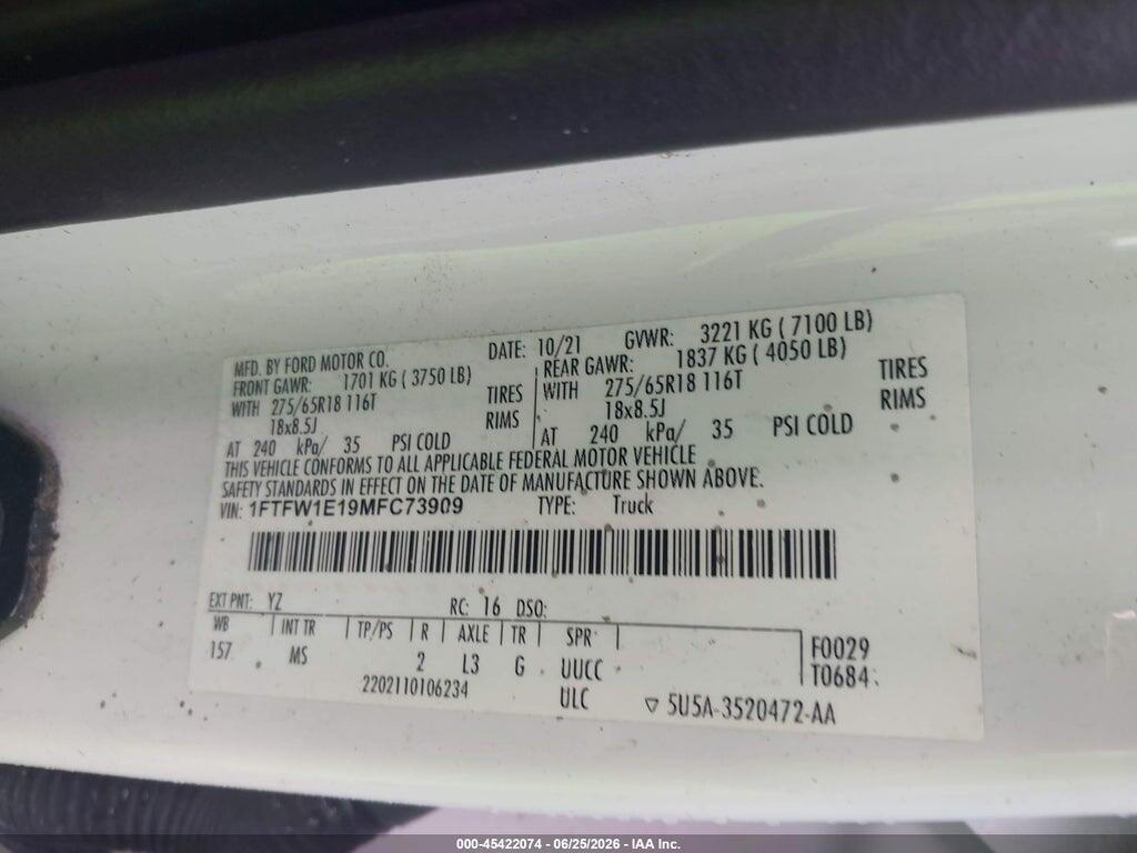 1FTFW1E19MFC73909 2021 FORD F-150 photo no. 9