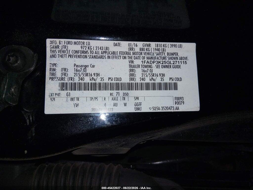 1FADP3K25GL271115 2016 FORD FOCUS photo no. 9