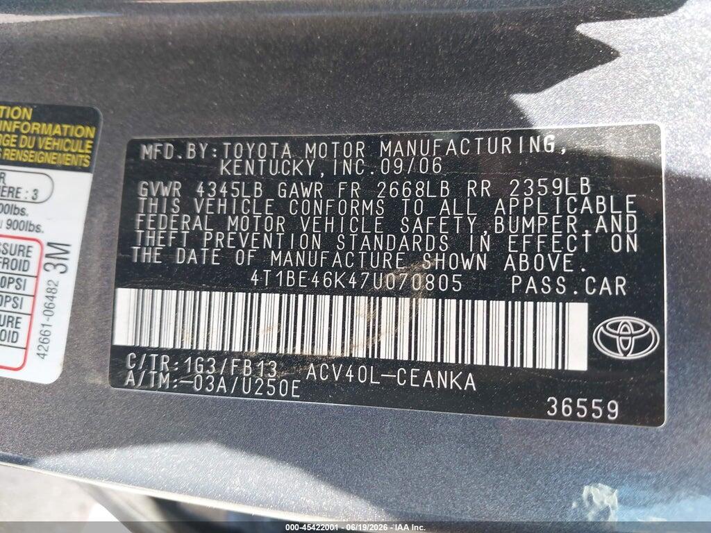 4T1BE46K47U070805 2007 TOYOTA CAMRY photo no. 9