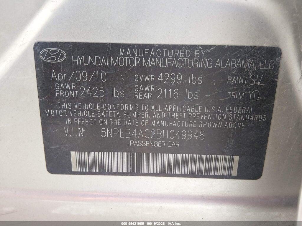 5NPEB4AC2BH049948 2011 HYUNDAI SONATA photo no. 9