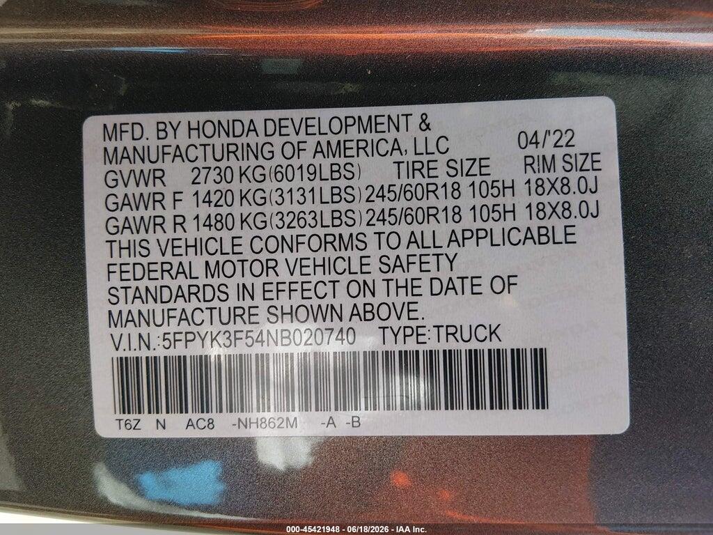 5FPYK3F54NB020740 2022 HONDA RIDGELINE photo no. 9
