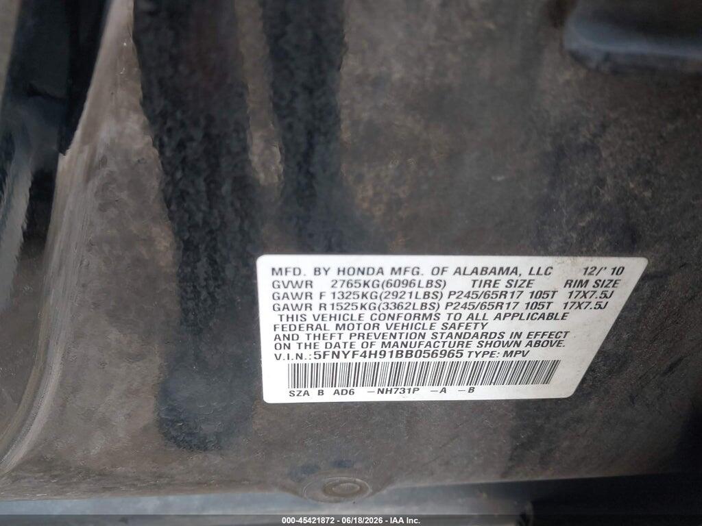 5FNYF4H91BB056965 2011 HONDA PILOT photo no. 9