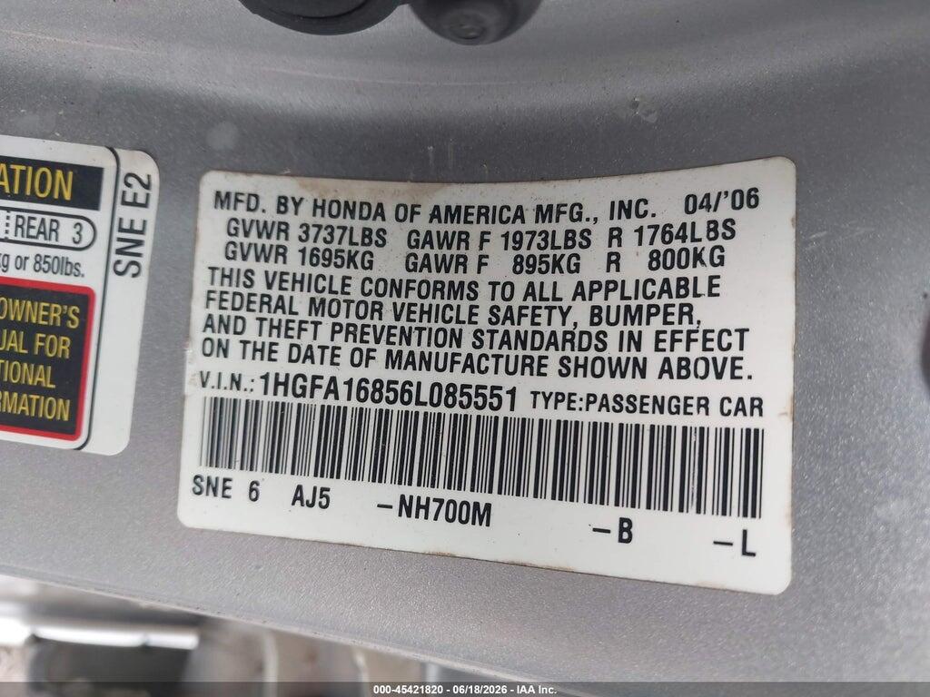 1HGFA16856L085551 2006 HONDA CIVIC photo no. 9