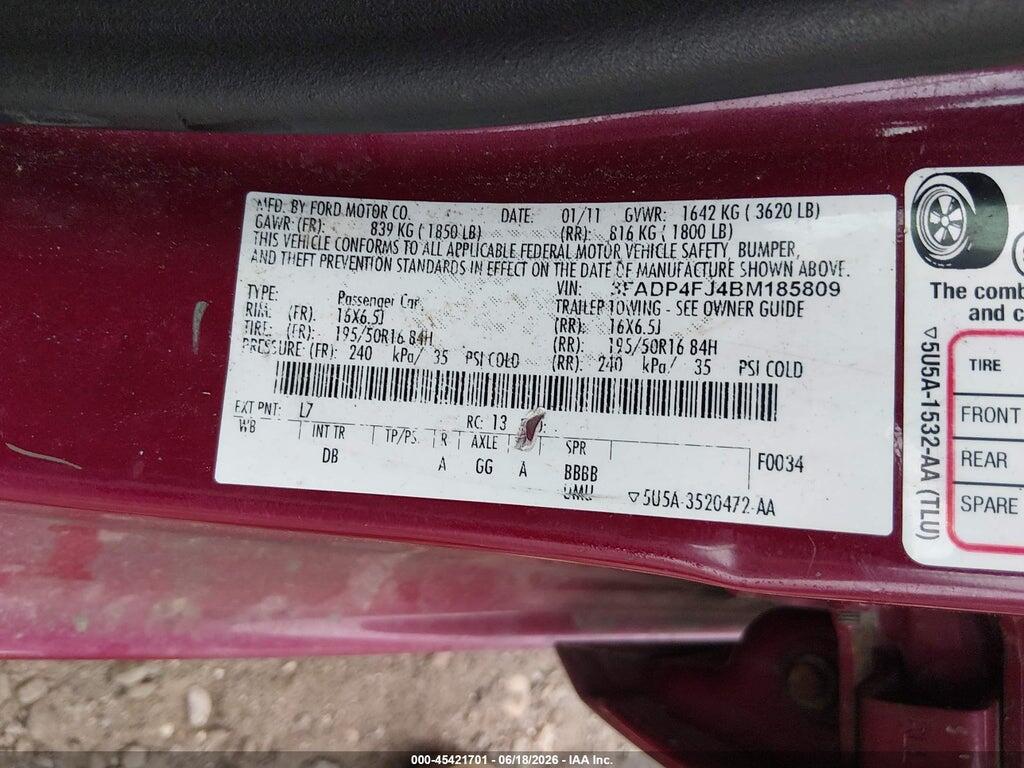 3FADP4FJ4BM185809 2011 FORD FIESTA photo no. 9