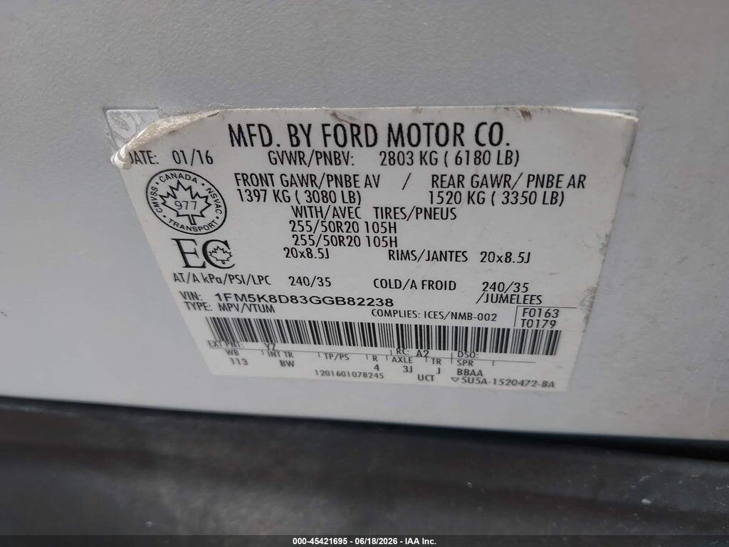 1FM5K8D83GGB82238 2016 FORD EXPLORER photo no. 9