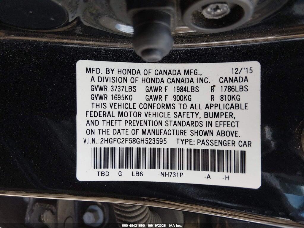 2HGFC2F58GH523595 2016 HONDA CIVIC photo no. 9