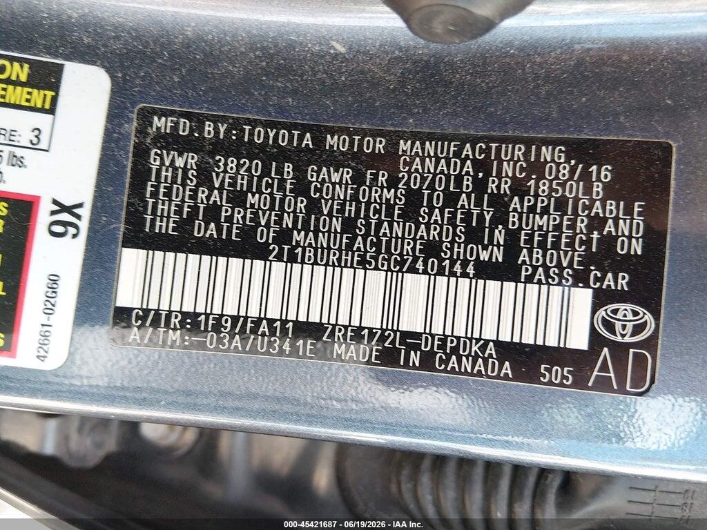 2T1BURHE5GC740144 2016 TOYOTA COROLLA photo no. 9
