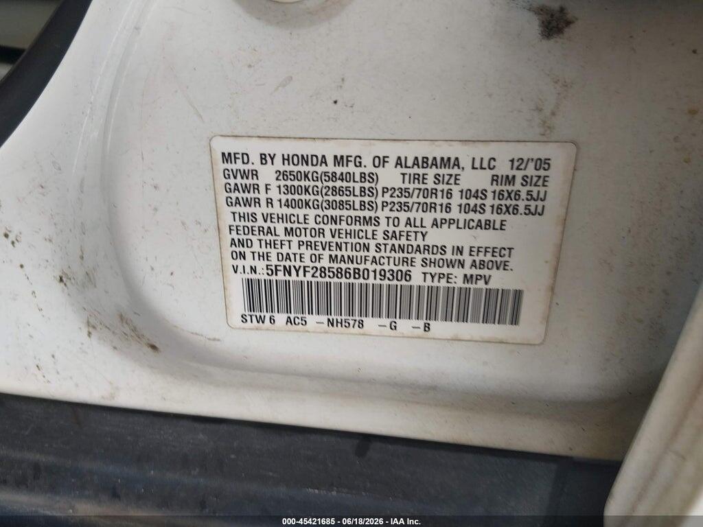 5FNYF28586B019306 2006 HONDA PILOT photo no. 9
