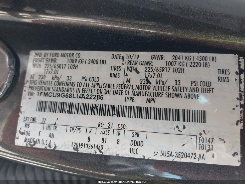 1FMCU9G68LUA22286 2020 FORD ESCAPE photo no. 9