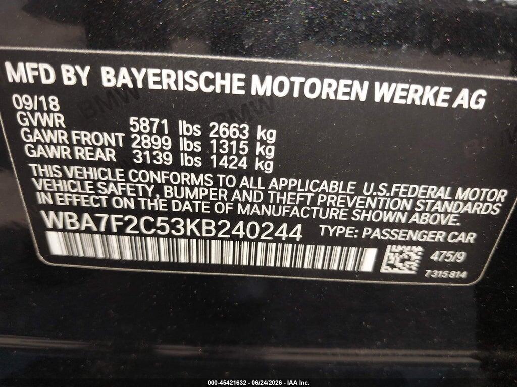 WBA7F2C53KB240244 2019 BMW 750I photo no. 9