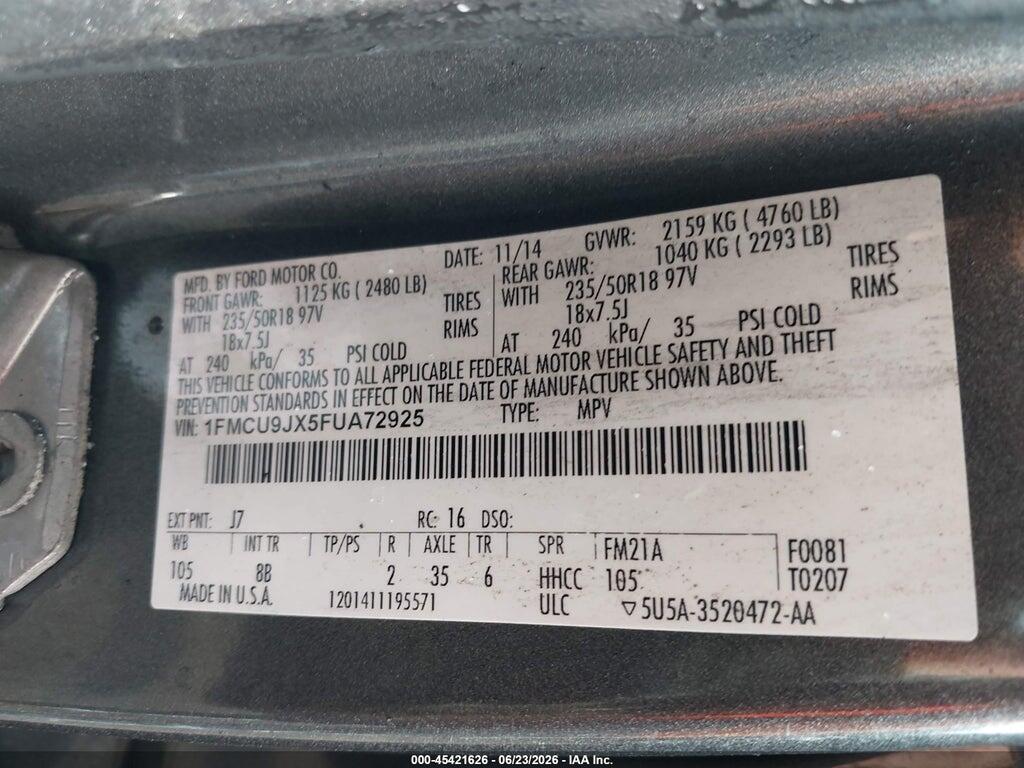 1FMCU9JX5FUA72925 2015 FORD ESCAPE photo no. 9