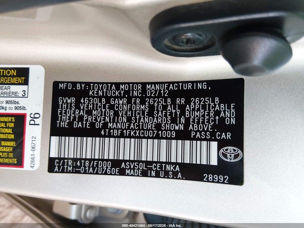 4T1BF1FKXCU071009 2012 TOYOTA CAMRY photo no. 9