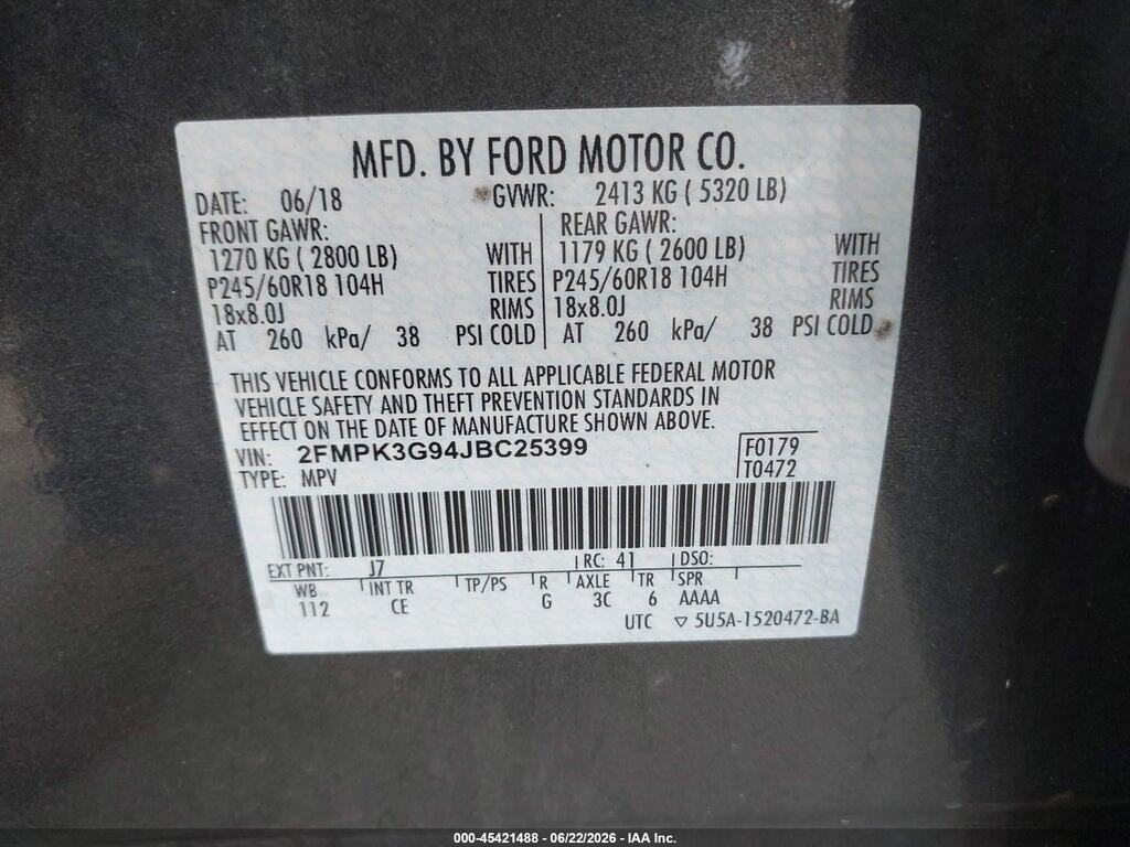2FMPK3G94JBC25399 2018 FORD EDGE photo no. 9