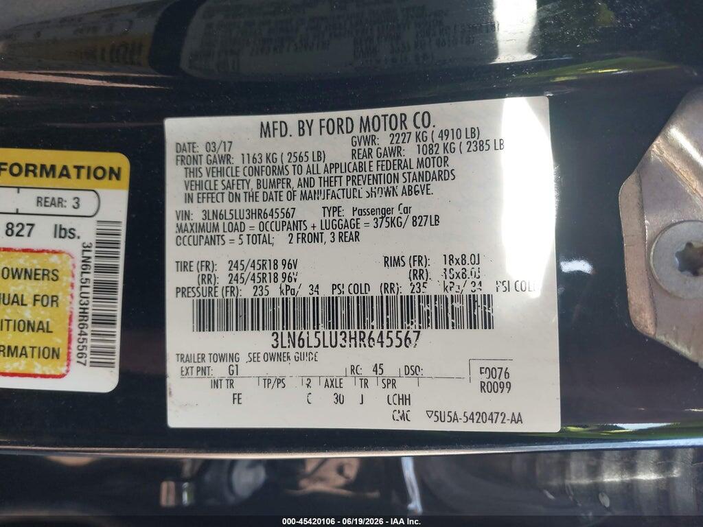 3LN6L5LU3HR645567 2017 LINCOLN MKZ HYBRID photo no. 9