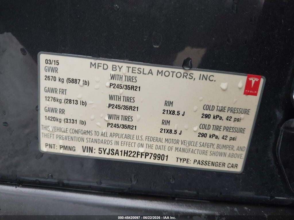 5YJSA1H22FFP79901 2015 TESLA MODEL S photo no. 9